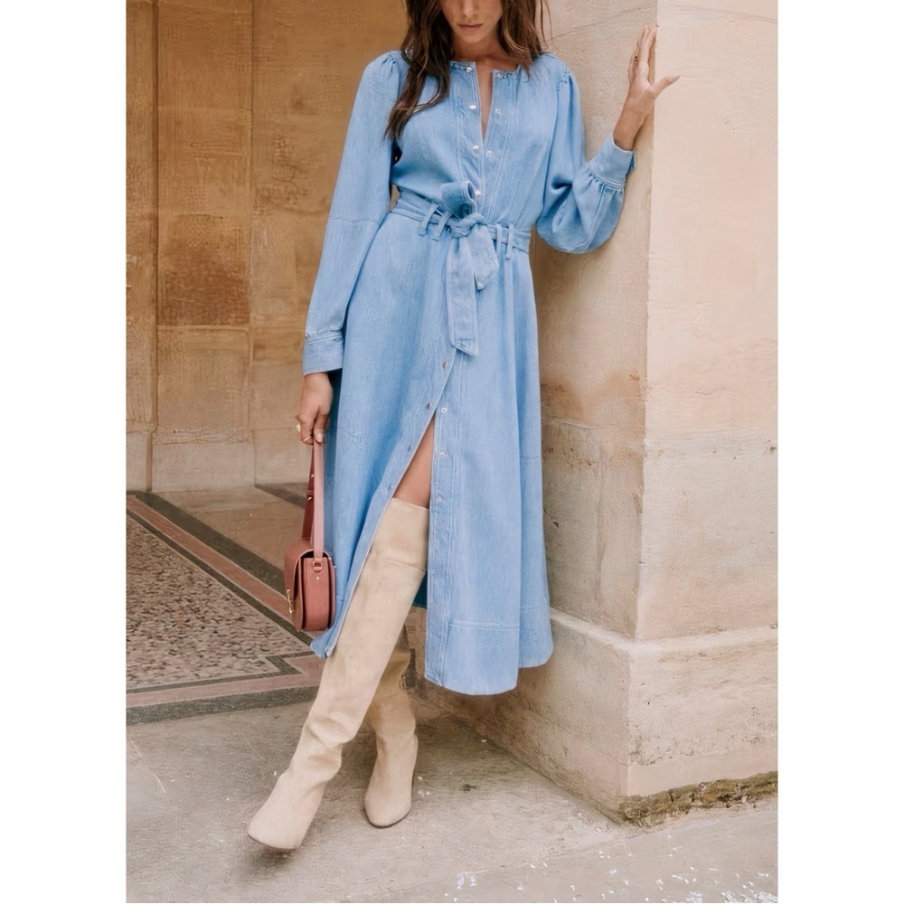 NWOT Sezane Midi Denim Long-Sleeve Caterina Dress - Picture 4 of 8